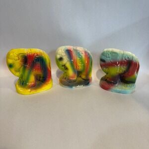 Vintage 3 Chalkware Colorful Elephant Figurines Decorative MCM